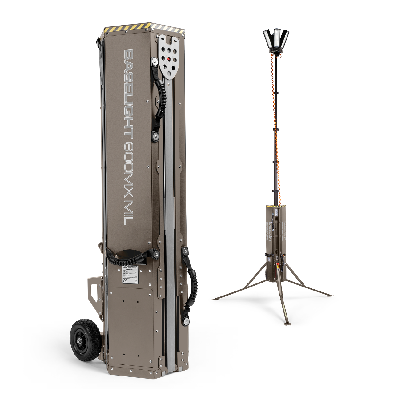 Baselight 600mx MIL Light Tower, deployed and collapsed state